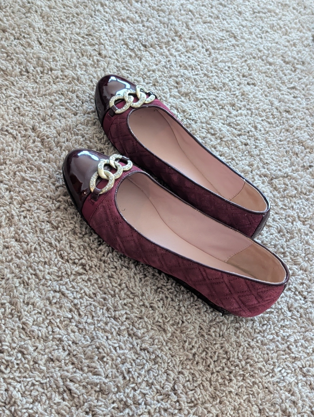 Taryn Rose Quilted Burgundy Flats with Gold Chain Accent